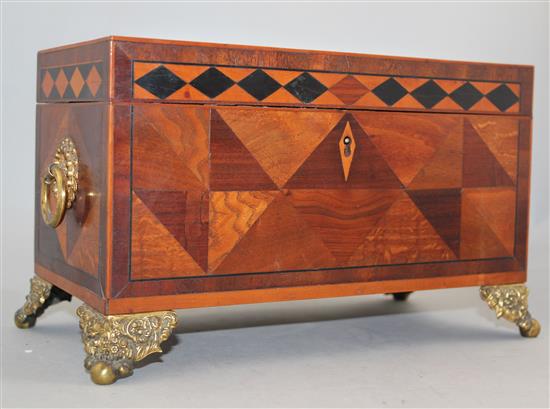 A 19th century parquetry inlaid rectangular tea caddy, 10.5in.